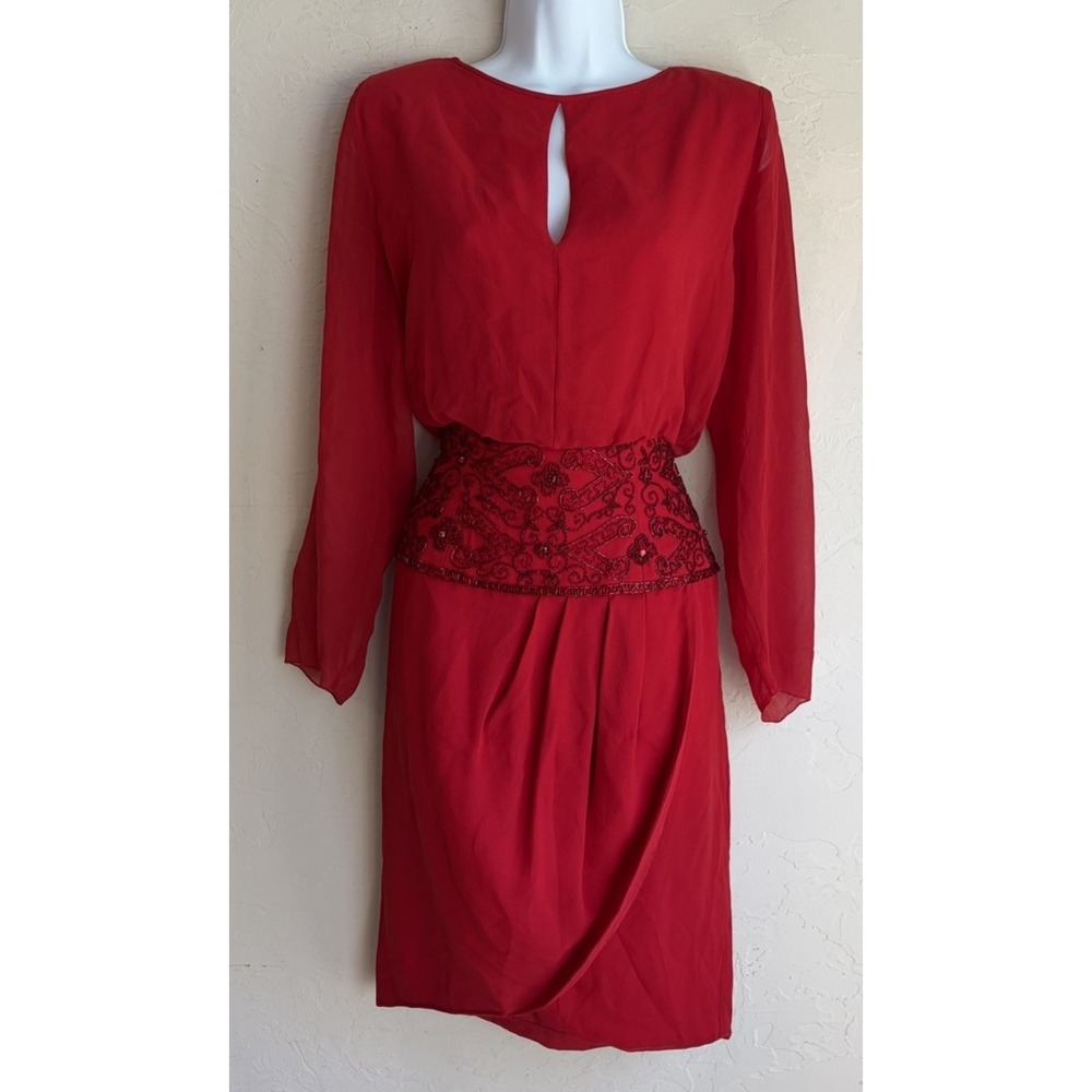Vintage 80s AJ Bari Red 100% Silk Beaded Dress 10 Low Cowl Back Draped READ